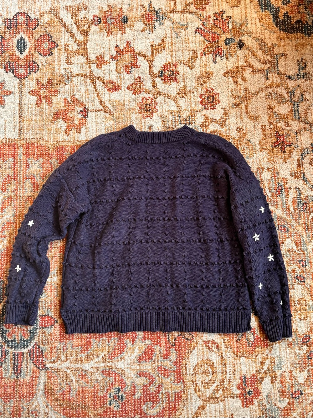 Madewell Embroidered Pointelle Crewneck Sweater Navy Blue Size L - Picture 2 of 4